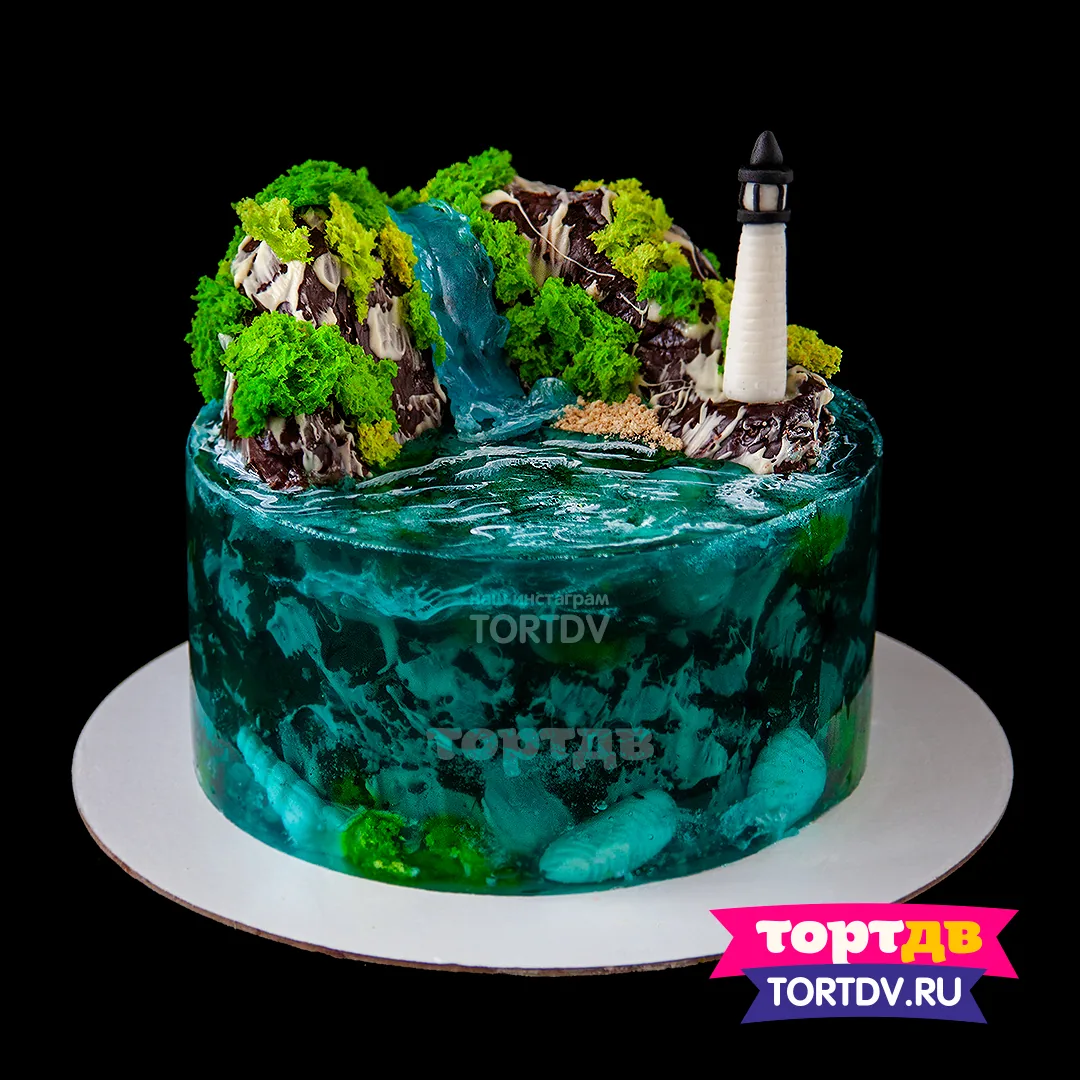 Торт с маяком и морем из желе