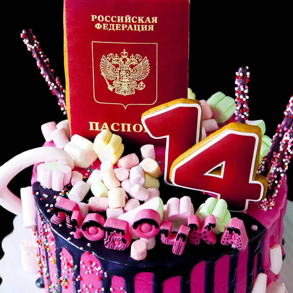 Розово-чёрный торт с паспортом на 14 лет