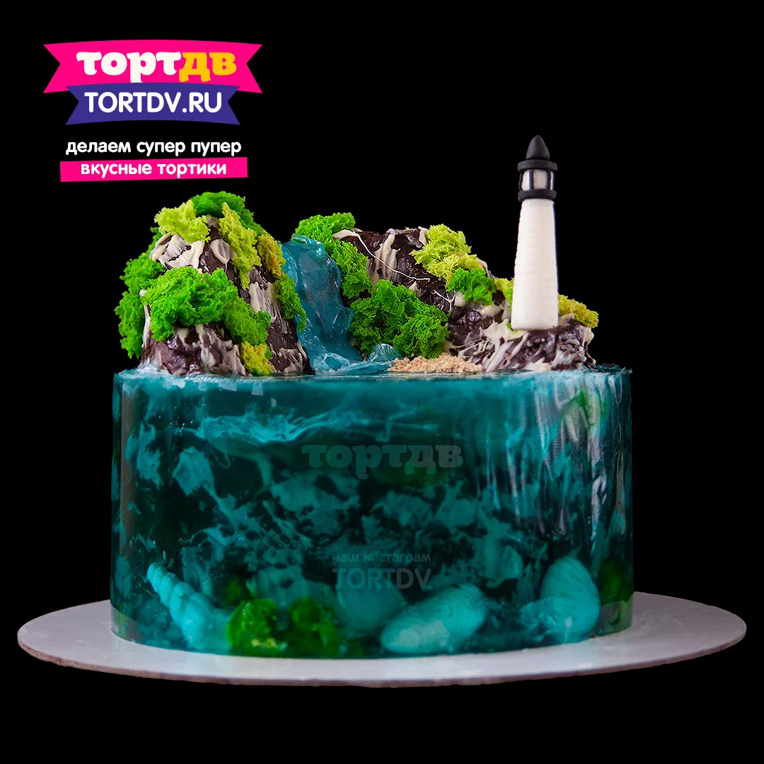 Торт с маяком и морем из желе